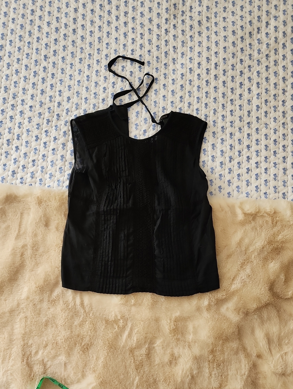 J.Crew Black Pintuck Lace Crochet Tie Back Sleeveless Blouse Size 00